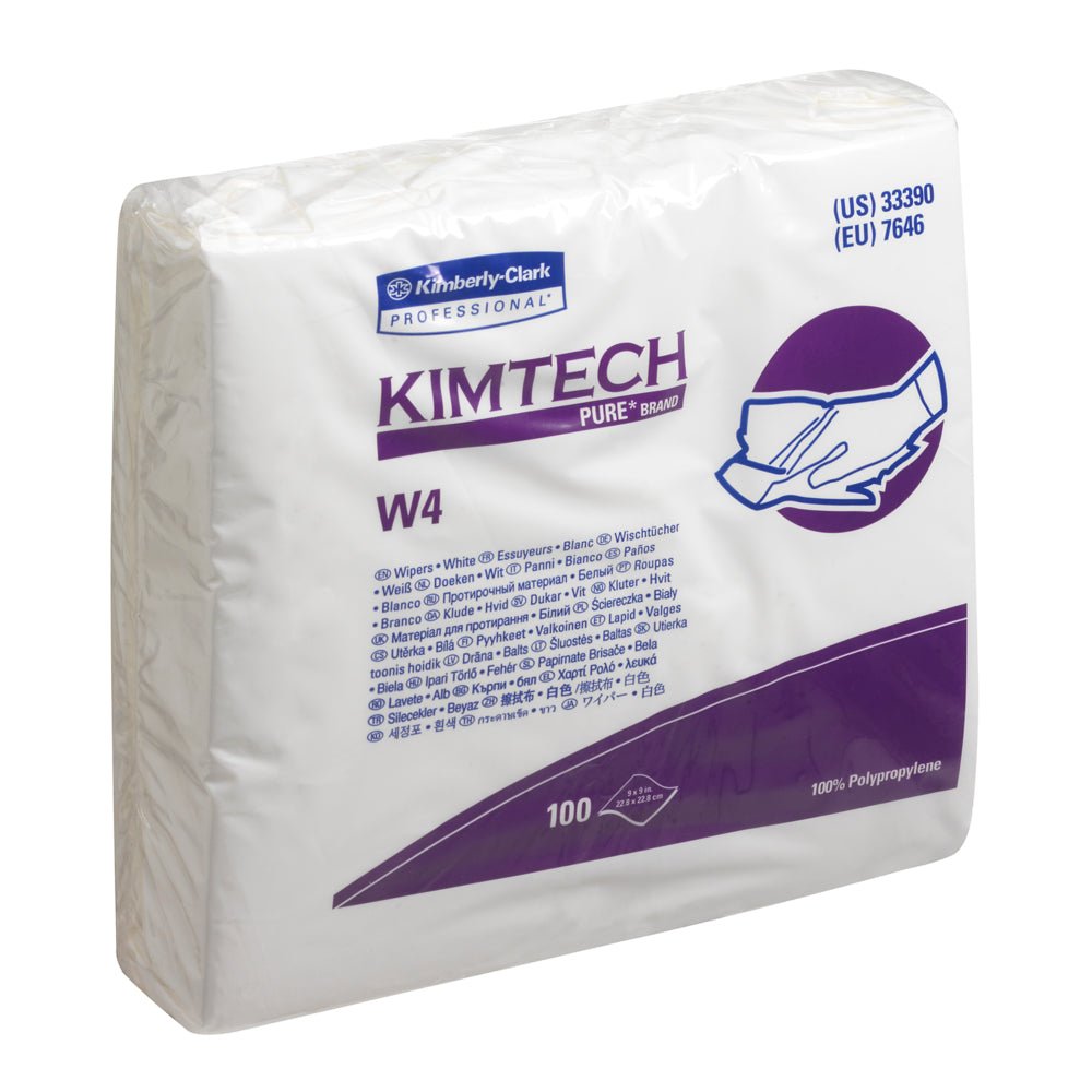 Un paquet scellé de lingettes Kimtech® Pure W4 - Individuel / Blanc de Kimberly-Clark GmbH contient 100 lingettes blanches pour salle blanche. L'emballage principalement blanc comporte une inscription violette et une illustration d'une désinfection des mains pour un usage professionnel.