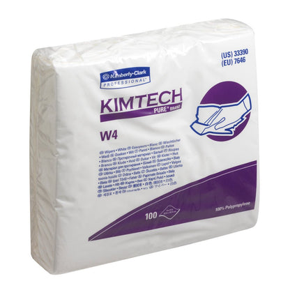 Un paquet scellé de lingettes Kimtech® Pure W4 - Individuel / Blanc de Kimberly-Clark GmbH contient 100 lingettes blanches pour salle blanche. L'emballage principalement blanc comporte une inscription violette et une illustration d'une désinfection des mains pour un usage professionnel.