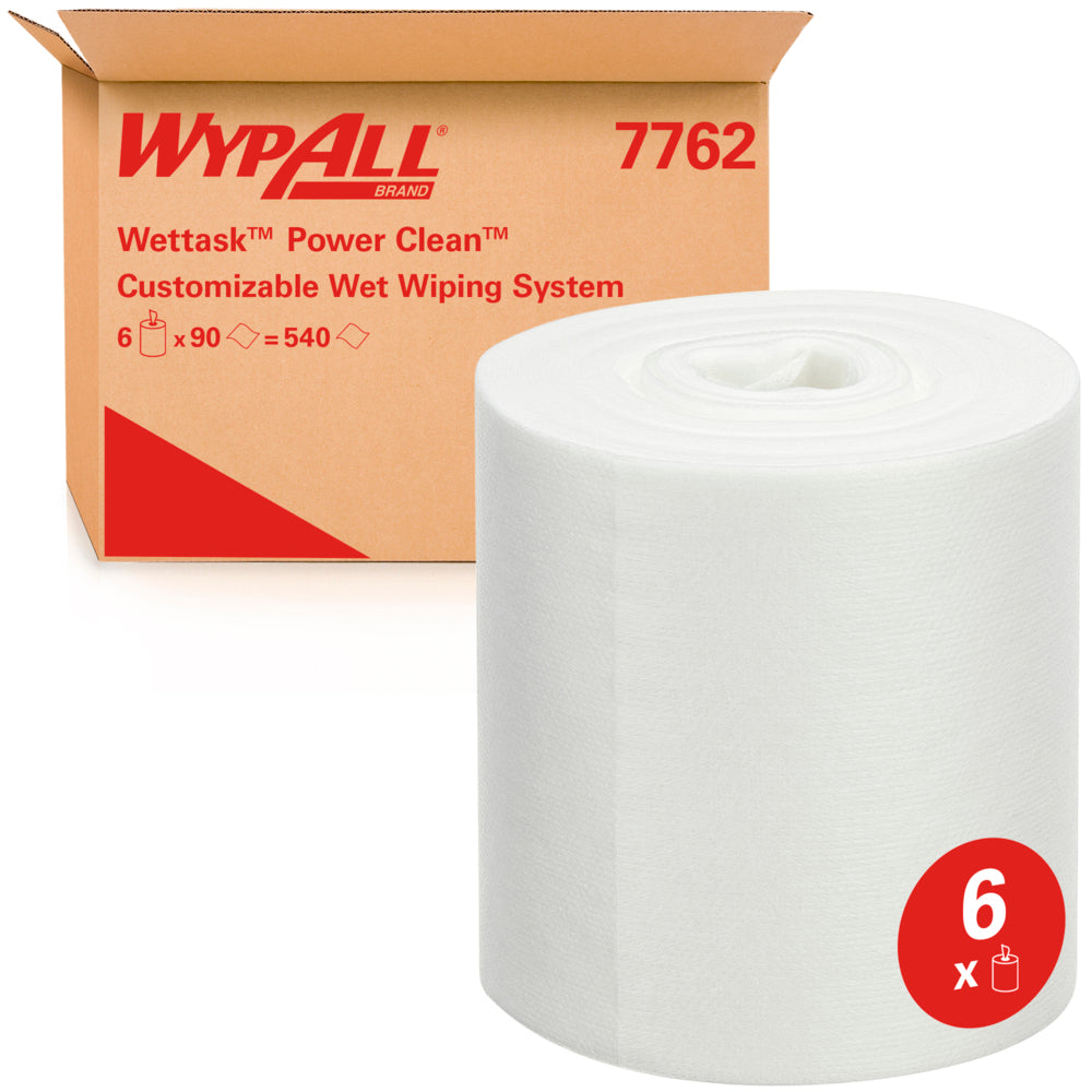 Eine große Rolle WypAll® Wettask™ Wischtücher von Kimberly-Clark GmbH steht vor einer Box mit der Aufschrift "6 Rollen x 90 Tücher / Karton", die auf sechs saugstarke Nachfüllrollen verweist.
