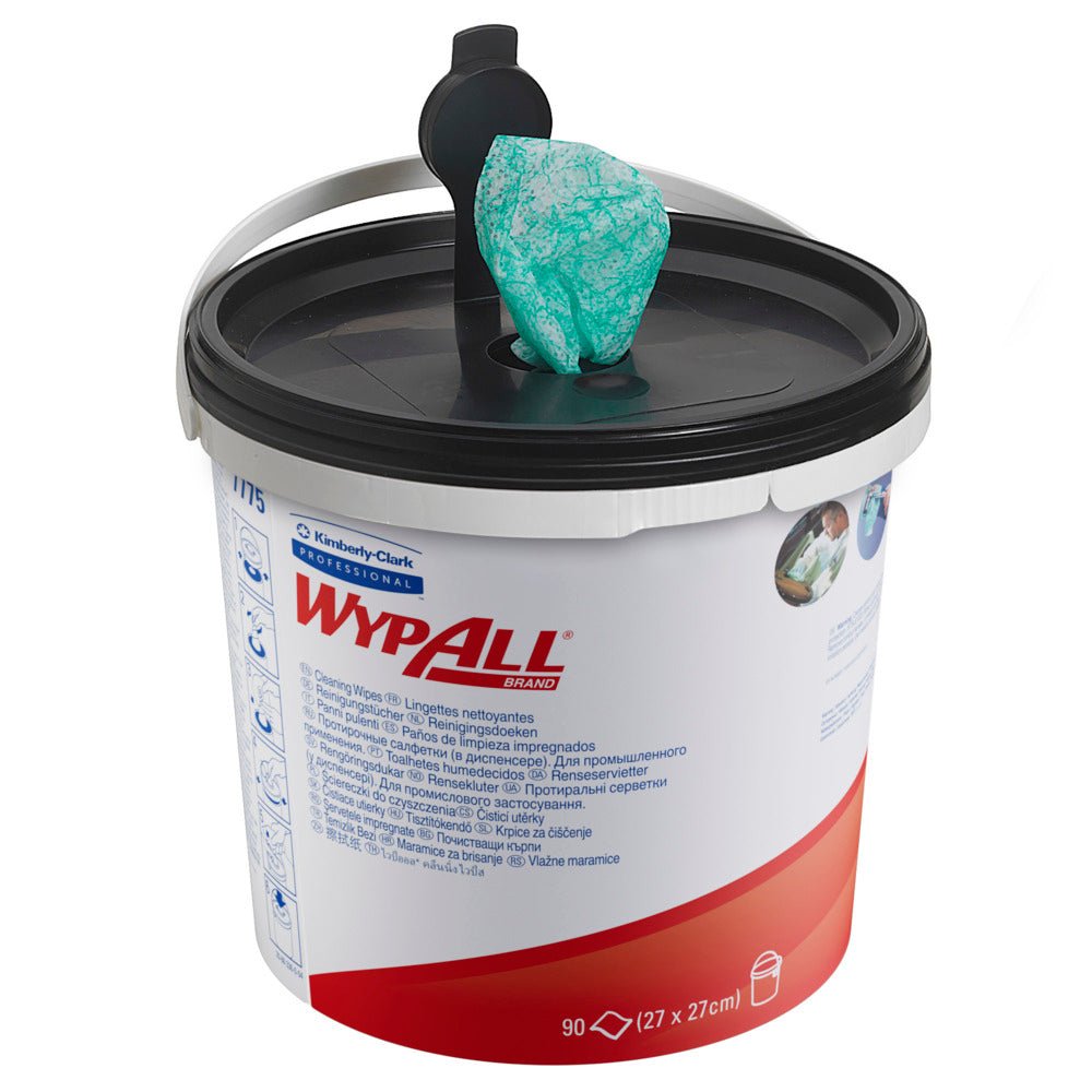 Un distributeur de lingettes WypAll® de Kimberly-Clark GmbH, blanc et rouge, avec un couvercle noir, délivre un chiffon en tissu non tissé vert. La boîte de 6 seaux distributeurs contient 6 seaux ; chaque seau contient 90 lingettes nettoyantes vertes (90 feuilles par seau).