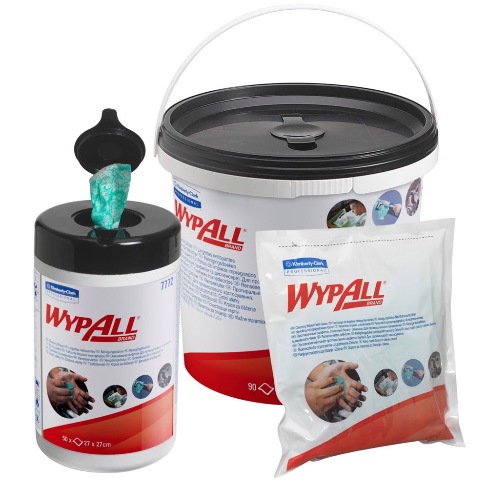 Les lingettes WypAll® vertes de Kimberly-Clark GmbH sont disponibles en trois contenants : un bidon pop-up, un grand seau avec poignée et une recharge - chacun avec le logo et des images de mains nettoyées avec ces lingettes douces en tissu non tissé.