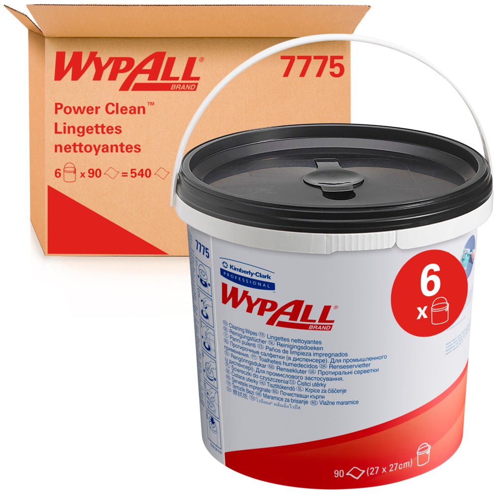 Un contenant vert avec des lingettes WypAll® (Kimberly-Clark GmbH), 90 feuilles, est illustré avec une boîte portant l'inscription "6 seaux distributeurs" contenant chacun 90 lingettes (au total : 6 seaux x 90 feuilles) devant un carton brun WypAll 7775.