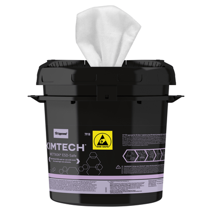 Le seau distributeur de lingettes en rouleau ESD Kimtech® WETTASK* noir de Kimberly-Clark GmbH distribue des lingettes blanches et est doté d'un symbole jaune ESD-Safe, ce qui le rend idéal pour les zones sensibles aux ESD. La boîte contient 4 distributeurs.