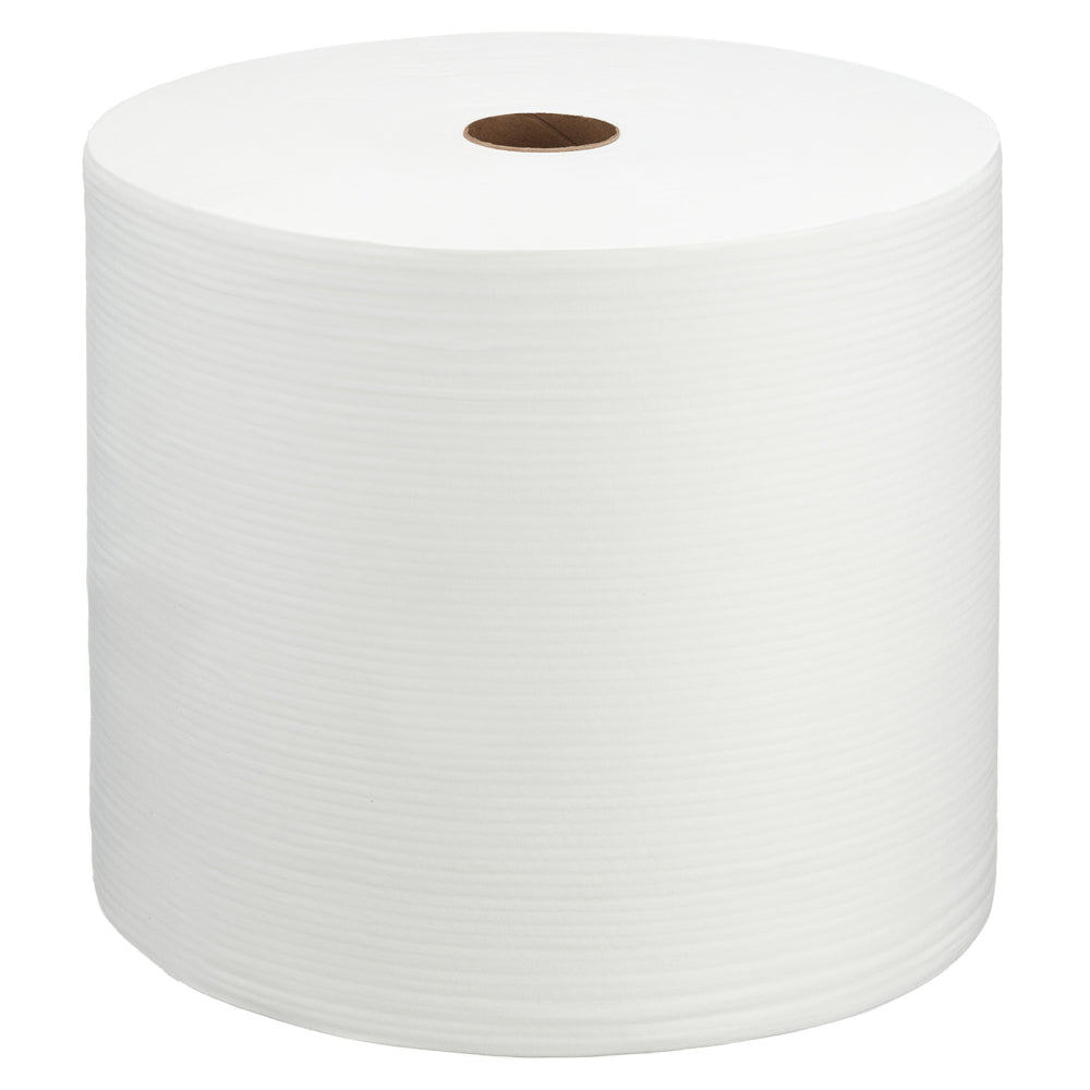 Le rouleau grand format WypAll® X70 PowerClean en blanc de Kimberly-Clark GmbH se compose d'un rouleau avec 870 feuilles et d'un noyau en carton brun, illustré debout sur un fond blanc - idéal pour le nettoyage industriel.