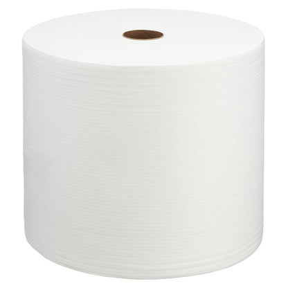 Le rouleau grand format WypAll® X70 PowerClean en blanc de Kimberly-Clark GmbH se compose d'un rouleau avec 870 feuilles et d'un noyau en carton brun, illustré debout sur un fond blanc - idéal pour le nettoyage industriel.