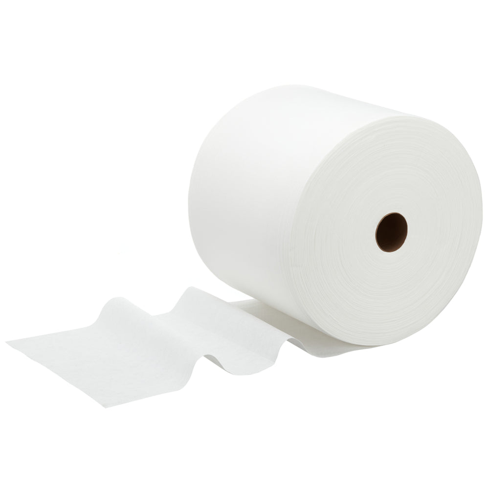 Un grand rouleau de lingettes de nettoyage WypAll® X70 PowerClean (Kimberly-Clark GmbH, 1 rouleau x 870 feuilles, blanc) est représenté avec plusieurs feuilles déroulées, idéal pour le nettoyage industriel, sur un fond blanc simple.