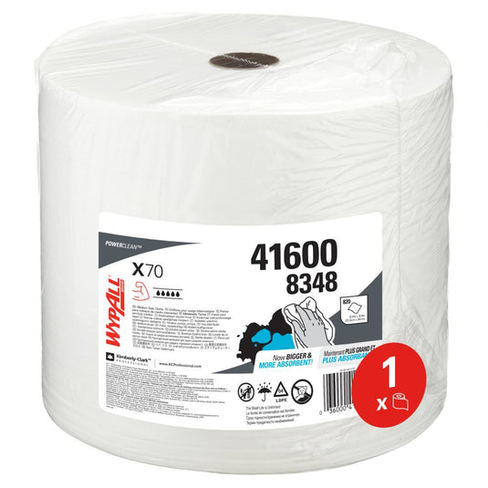 Le grand rouleau WypAll® X70 PowerClean blanc de Kimberly-Clark GmbH (1 rouleau de 870 feuilles, réf. 41600 8348) est conditionné dans un emballage en plastique transparent et convient parfaitement au nettoyage industriel.