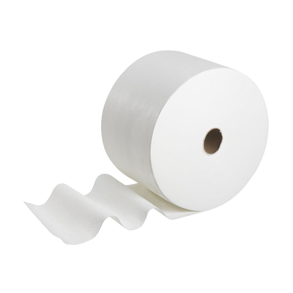 Un grand rouleau de chiffons absorbants WypAll® X50 General Clean de Kimberly-Clark GmbH avec quelques feuilles déroulées est montré sur un fond blanc simple.
