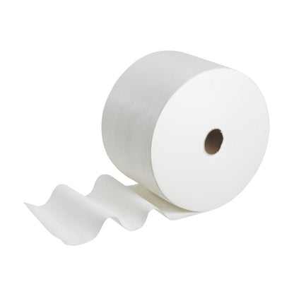 Un grand rouleau de chiffons absorbants WypAll® X50 General Clean de Kimberly-Clark GmbH avec quelques feuilles déroulées est montré sur un fond blanc simple.