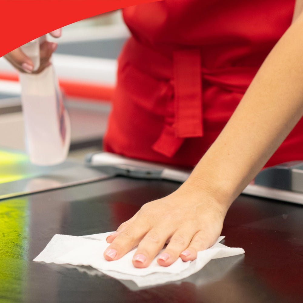 Une personne avec un tablier rouge nettoie un comptoir avec un chiffon du grand rouleau WypAll® X50 General Clean (1 rouleau x 1100 feuilles) de Kimberly-Clark GmbH et tient un vaporisateur pour un nettoyage efficace des surfaces.