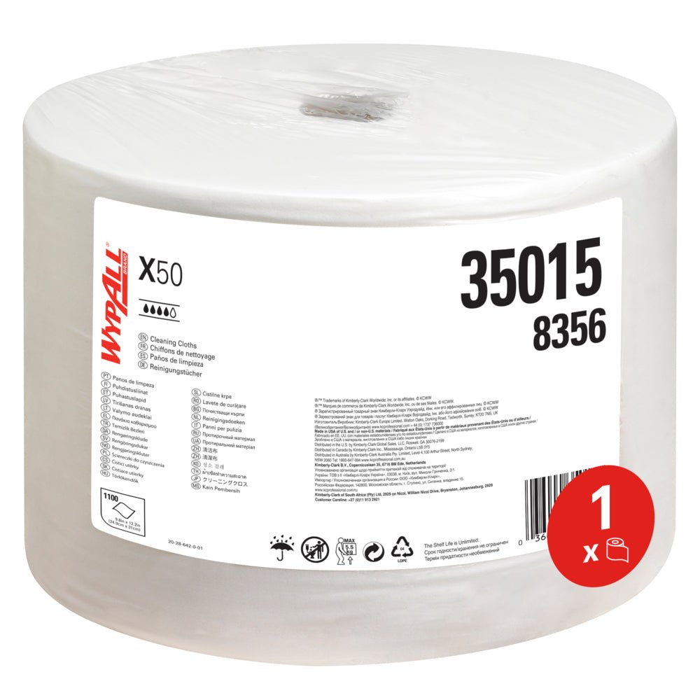 Un grand rouleau blanc WypAll® X50 General Clean de Kimberly-Clark GmbH, 1 rouleau x 1100 feuilles (grand rouleau, blanc), dans un emballage en plastique transparent avec des informations sur le produit et des symboles sur l'étiquette.