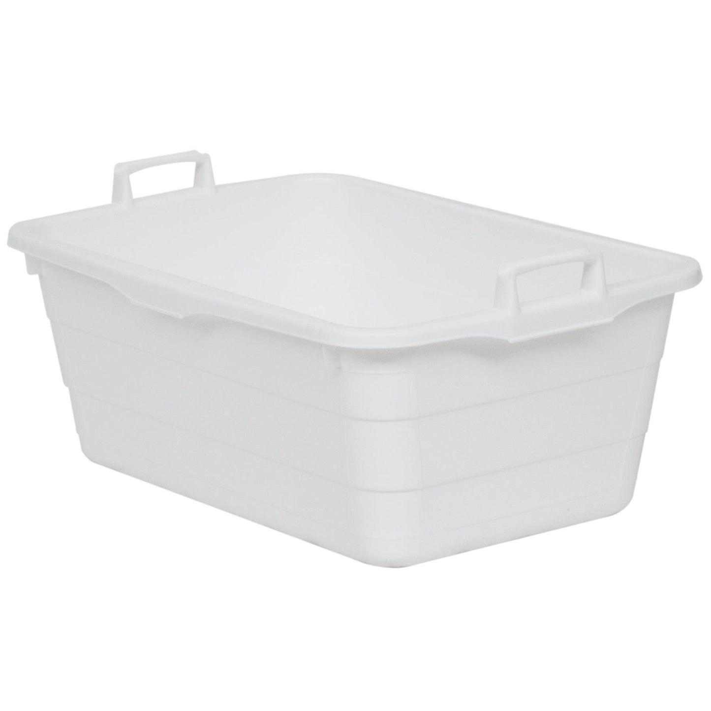 La baignoire en plastique Novocal en blanc avec une capacité de 90 litres (750 x 490 x 310 mm) et deux poignées est idéale pour un stockage polyvalent. L'image montre la baignoire (1 pièce) sur un fond blanc.