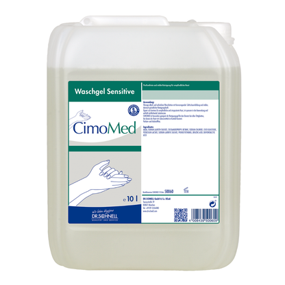Un conteneur transparent de 10L avec l'inscription "Dr. Schnell gel lavant pour les mains CIMOMED, sans parfum ni colorant, pour le nettoyage de la peau" de DR.SCHNELL GmbH & Co. KGaA avec illustrations de mains et instructions détaillées; idéal pour les peaux sensibles.