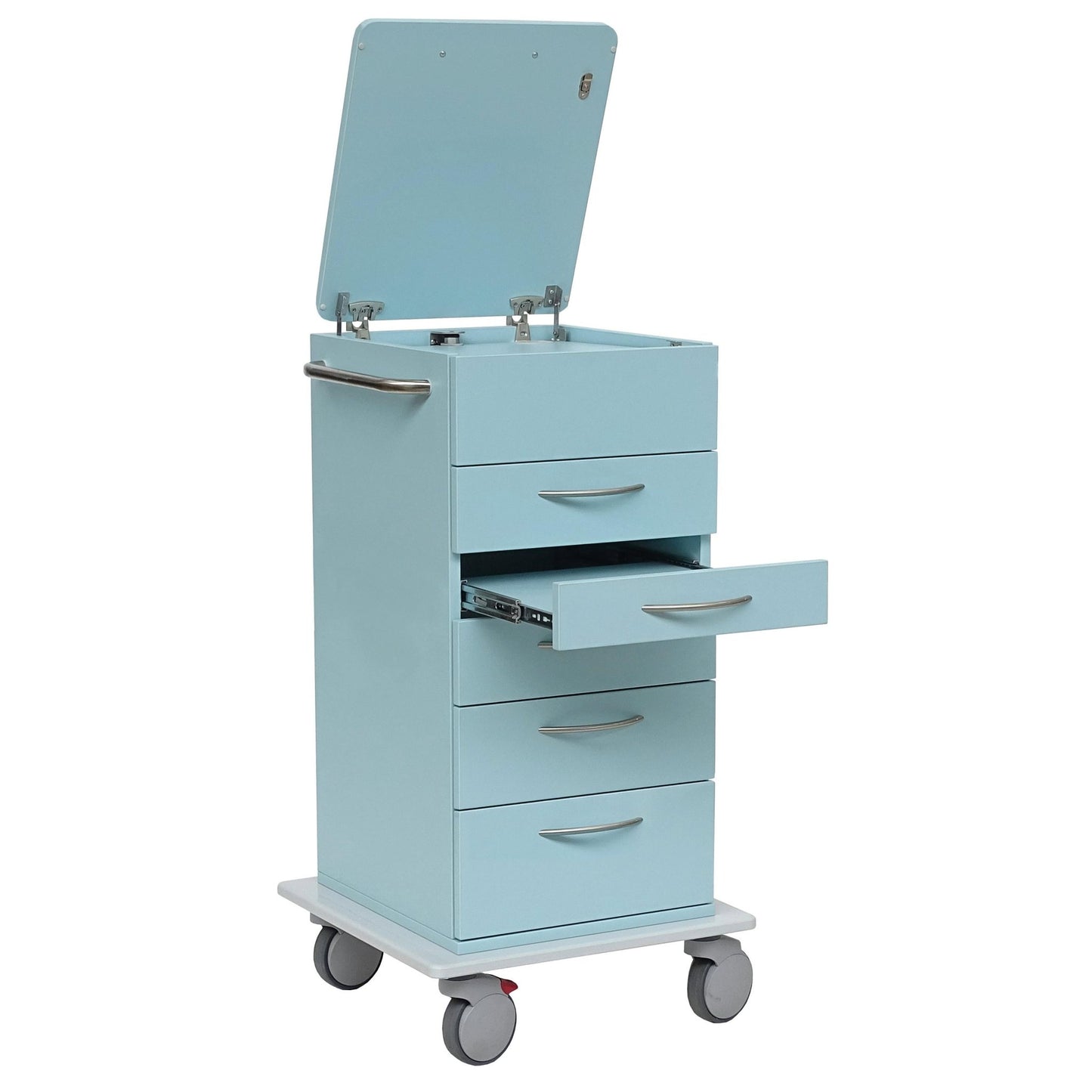 Le chariot pour ordinateur portable Novocal avec tablette abattable pour ordinateur portable (1 pièce) en bleu clair dispose de quatre tiroirs (dont un partiellement ouvert), d'un compartiment supérieur rabattable, de poignées en métal, de roulettes pour la mobilité et d'une tablette abattable pour ordinateur portable.