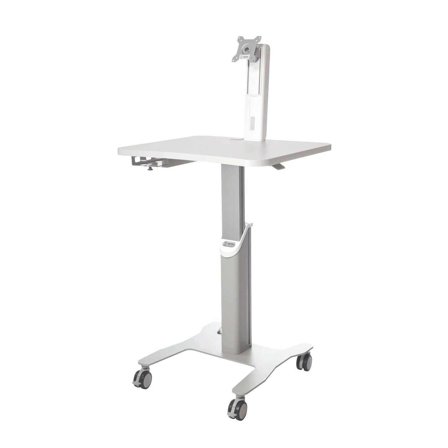 Le poste de travail mobile Novocal pour ordinateur portable ou PC panneau offre une utilisation flexible et une stabilité grâce à un bras de moniteur réglable en hauteur, un support VESA, un plateau de table plat, quatre roulettes et un piètement en T.
