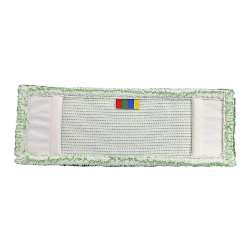 Le tampon à vadrouille Arcora Excellent Green-White Db-Fc avec codage couleur et couverture d'Arcora International GmbH est une tête de vadrouille rectangulaire blanche avec un centre gris texturé, une bordure verte, deux bandes blanches à chaque extrémité et une étiquette multicolore.