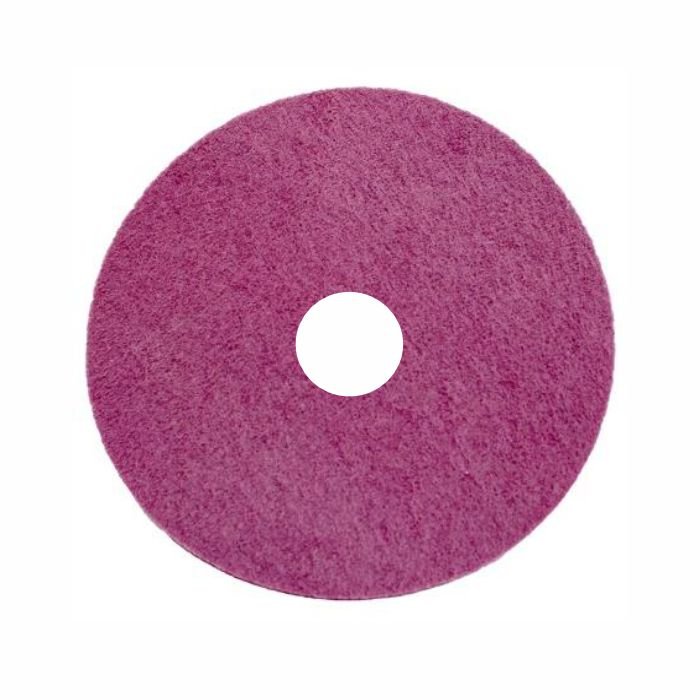 Le tampon décapant lourd Arcora Maroon de Arcora International GmbH est un tampon rond, plat et rose avec un trou central pour le nettoyage des sols sans produits chimiques, à sec ou humide, et la rénovation des films de protection. Illustré sur fond blanc.