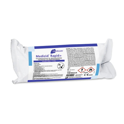 Paquet de lingettes désinfectantes Meditrade Medizid® Rapid+ dans un emballage en plastique blanc et bleu avec des étiquettes et des informations de sécurité en allemand. Contient 150 lingettes.