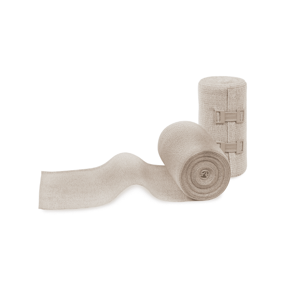 Deux bandages de compression Meditrade ABE® Extra, l'un partiellement déroulé, sur un fond blanc. Les deux ont des fermetures velcro visibles.