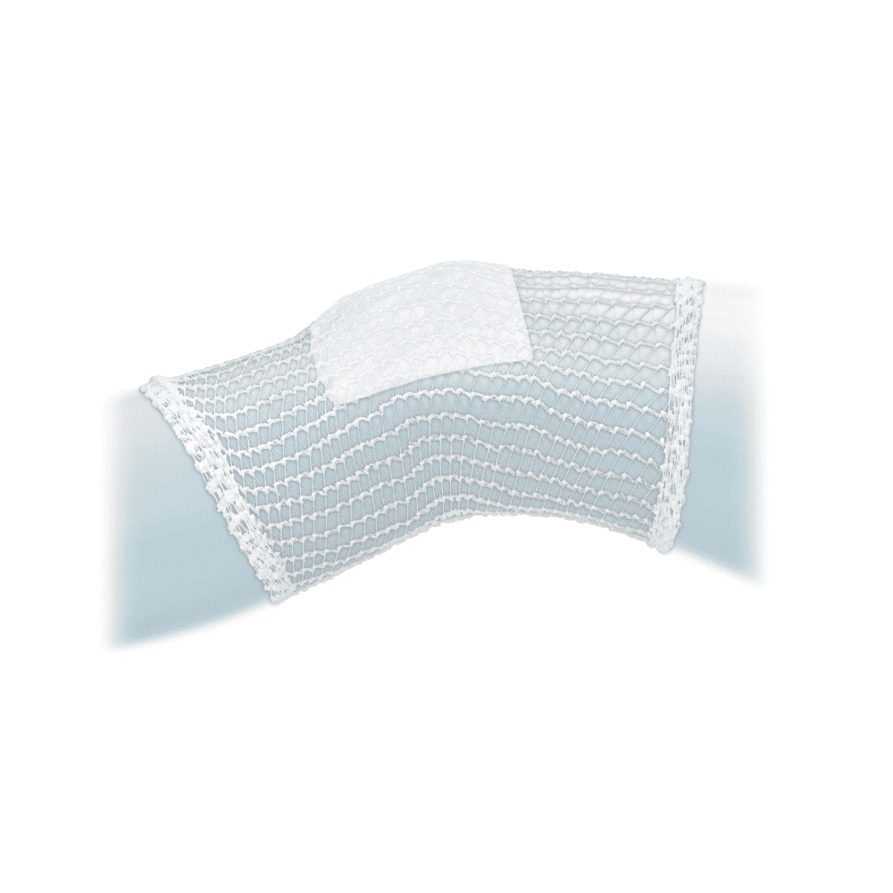 Un échantillon de bandage tubulaire en filet Meditrade ABE® blanc et texturé de différentes tailles avec un motif ondulé, affiché devant un arrière-plan ombragé et lumineux pour mettre en valeur son tissage complexe et son design hautement élastique.