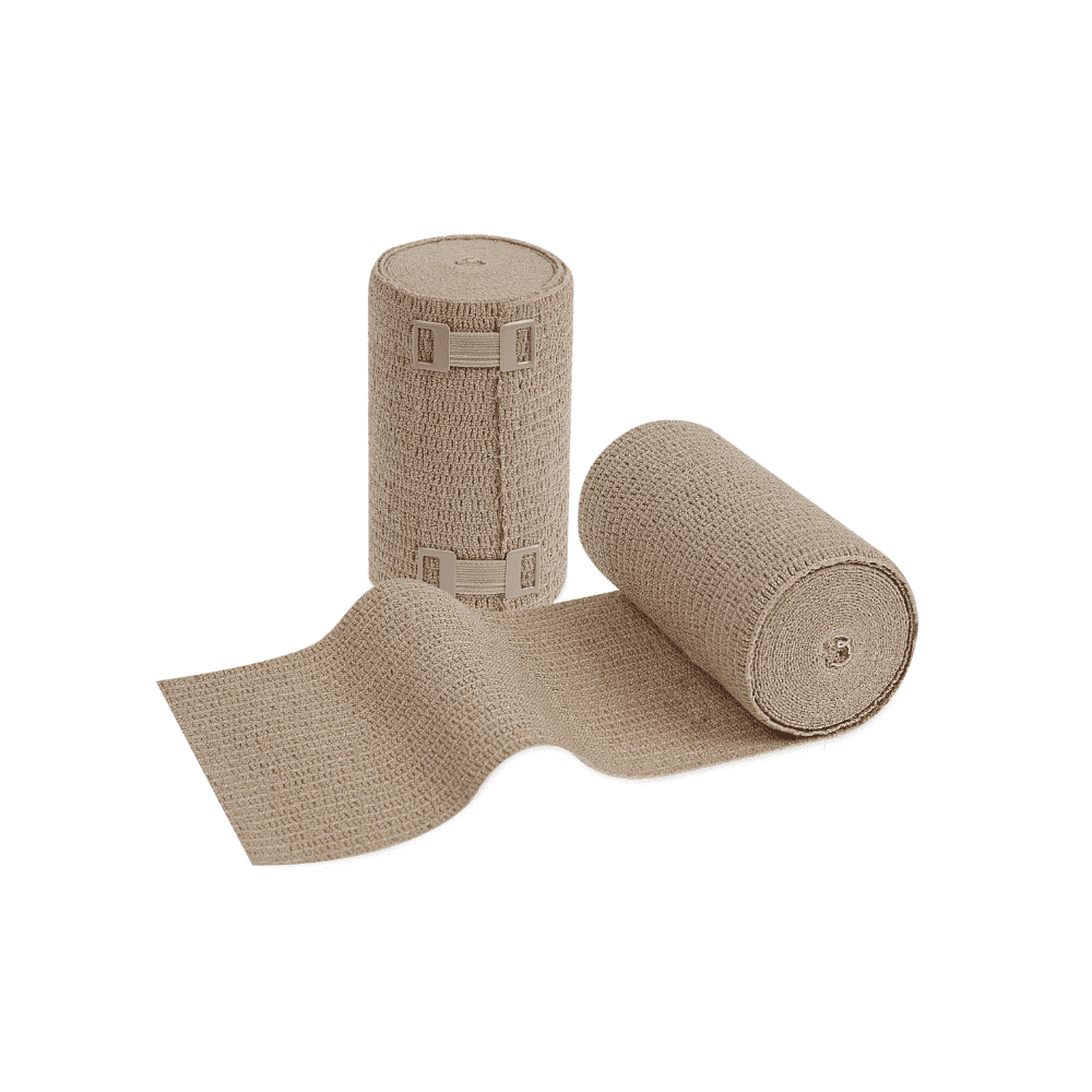 Deux rouleaux de bandage de compression élastique permanent Meditrade ABE® VEN, l'un debout, l'autre couché horizontalement avec une section déroulée, sur un fond blanc.