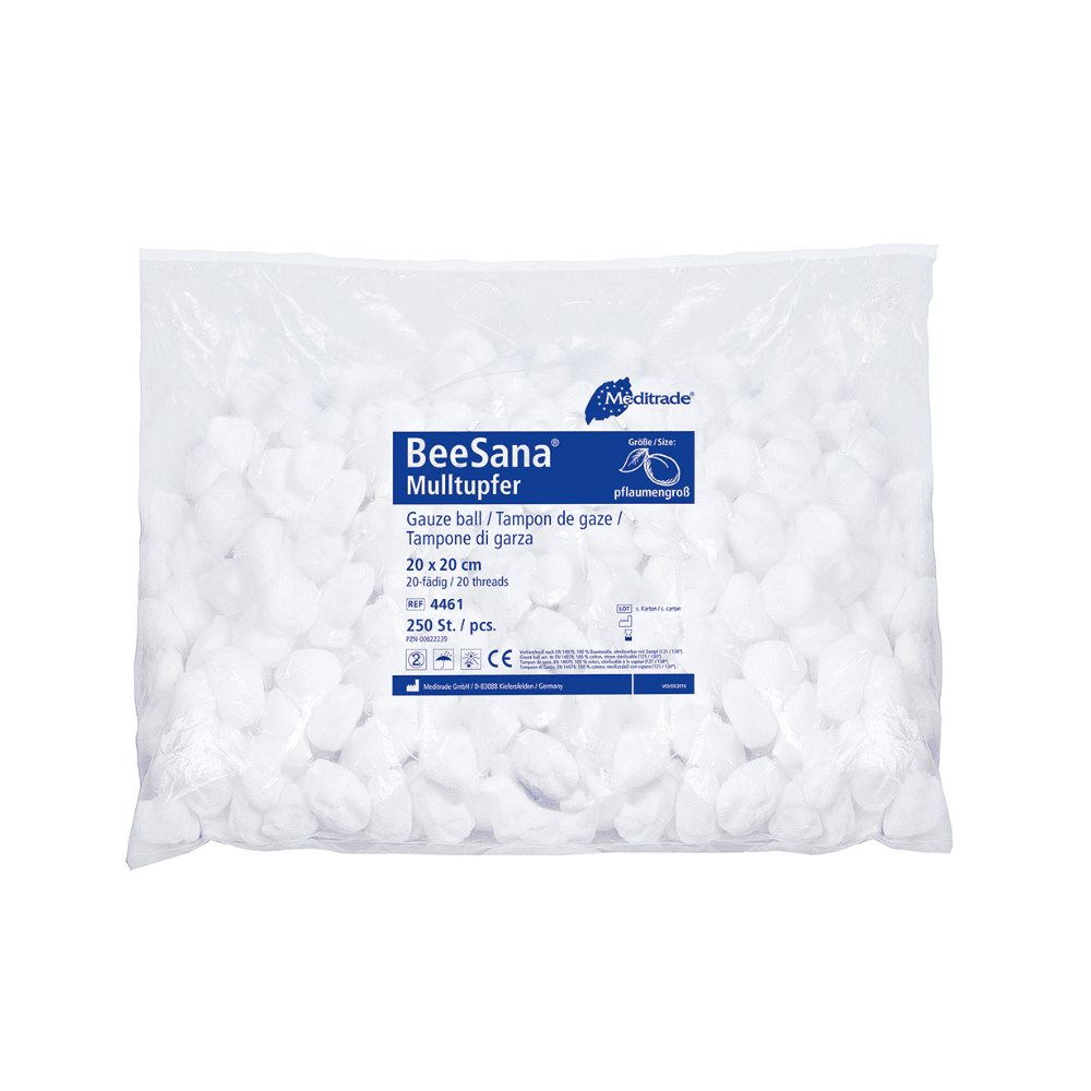 Un sac en plastique transparent scellé contenant des compresses de gaze blanches. L'étiquette indique « Meditrade BeeSana® Compresses de gaze, non stérile » et précise que le sac contient 250 pièces, taille.