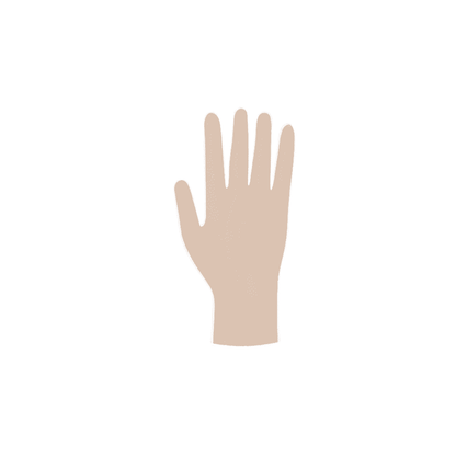 Illustration d'une main humaine en position neutre avec les doigts tendus, représentée dans un style graphique plat avec des gants jetables stériles Meditrade Copolymed®.