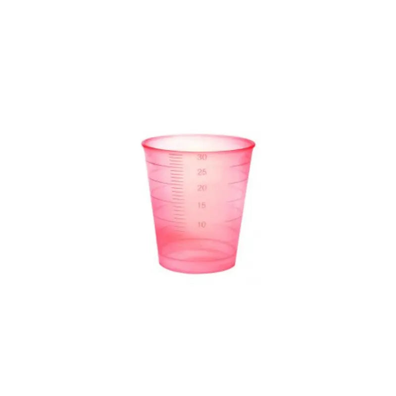 Un gobelet médical jetable rose transparent de Meditrade avec des lignes de mesure indiquant le volume en millilitres.