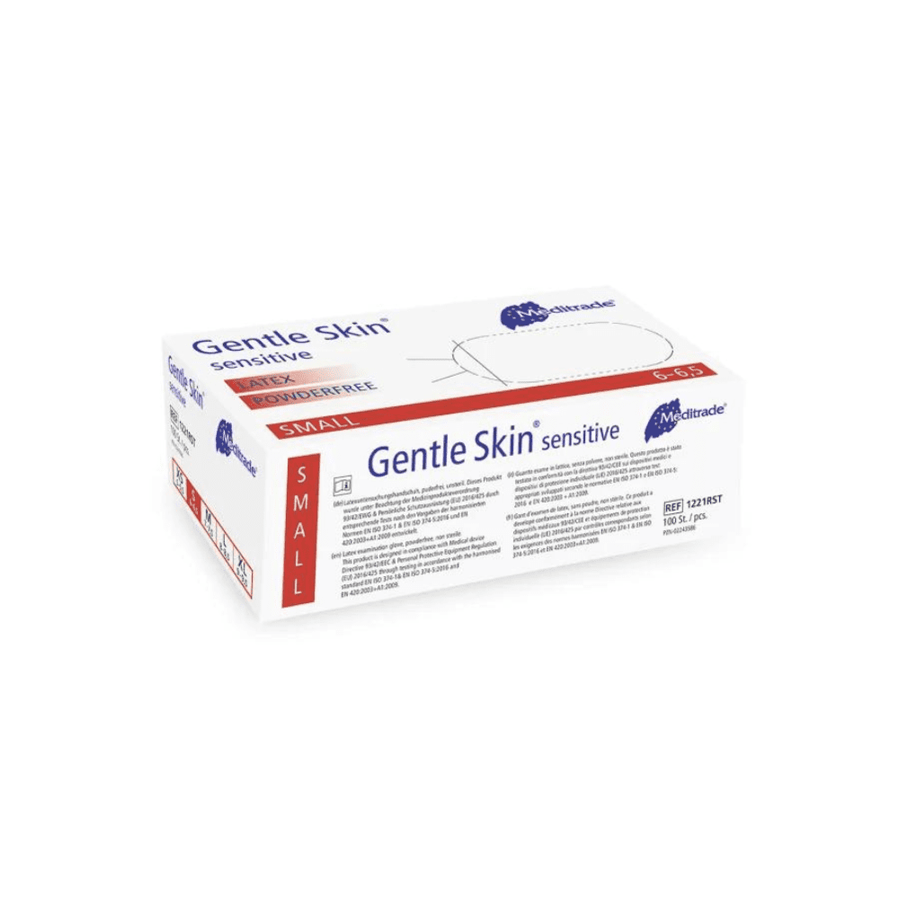 Une boîte de petits gants jetables en latex Meditrade Gentle Skin® sensitive de Meditrade GmbH sur fond blanc. La boîte est principalement blanche avec du texte rouge et bleu décrivant les caractéristiques du produit.