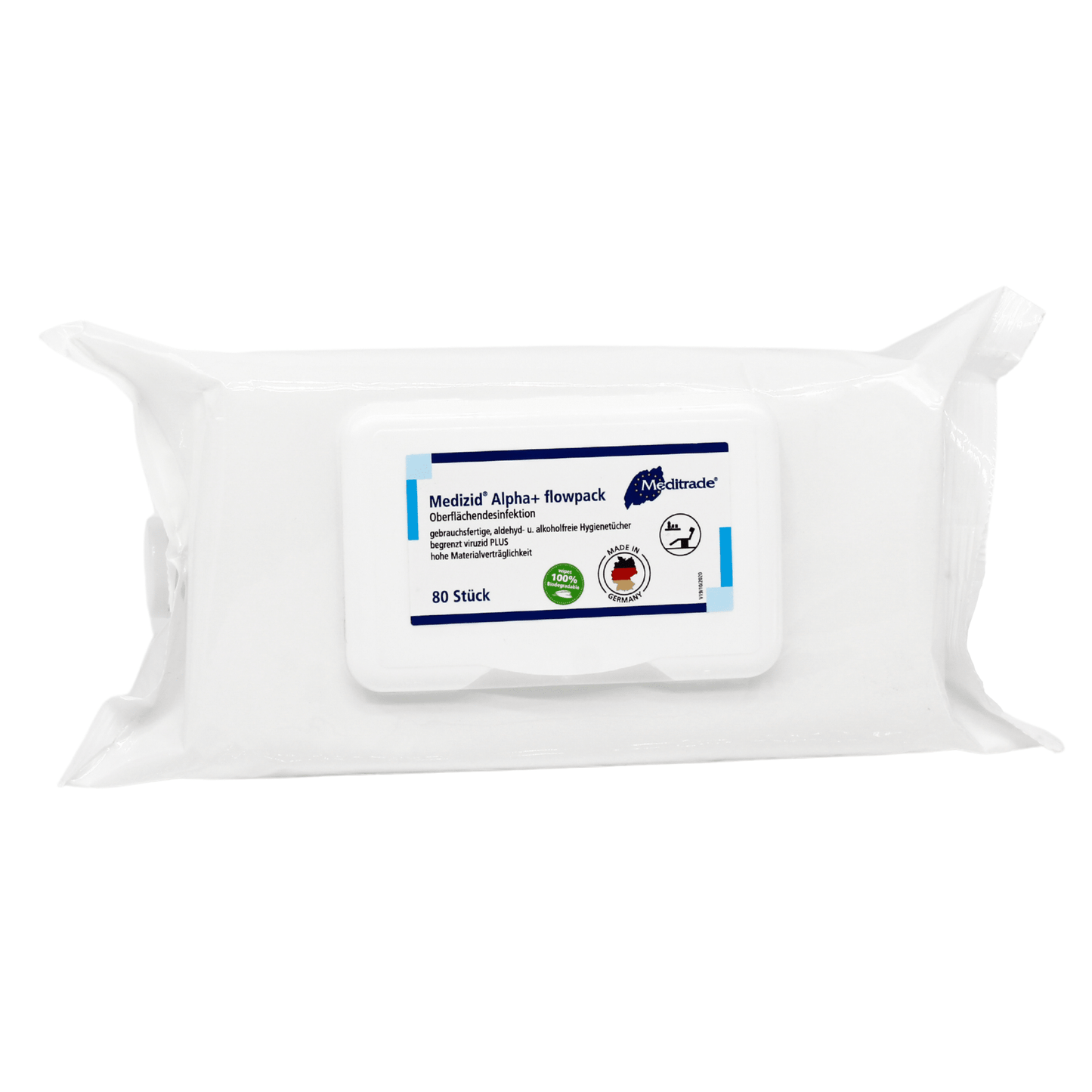 Un paquet de lingettes désinfectantes pour surfaces Meditrade Medizid® Alpha+ Flowpack, contenant 80 lingettes, dans un emballage en plastique blanc avec des informations sur le produit et des logos sur le côté.
