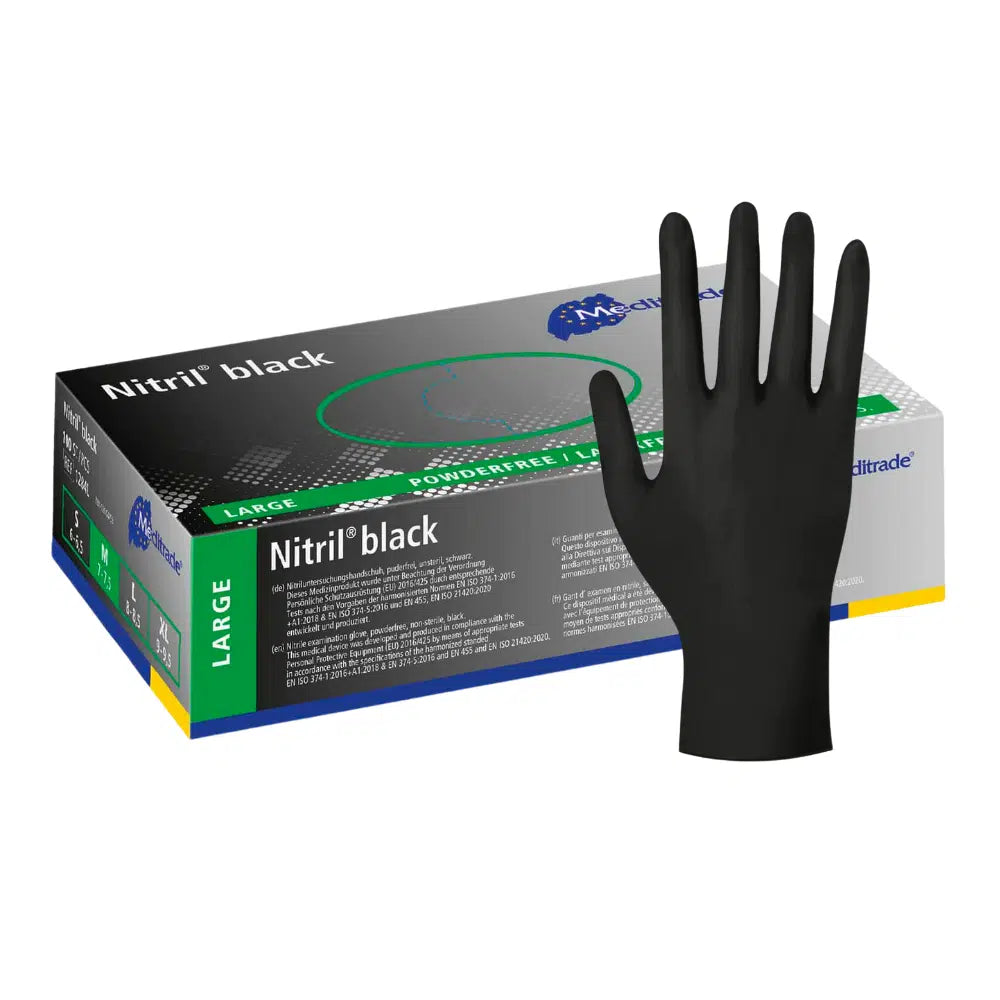 Une boîte de grands gants jetables noirs Meditrade Nitril®, avec un gant noir debout devant la boîte. L'emballage est principalement bleu et vert.