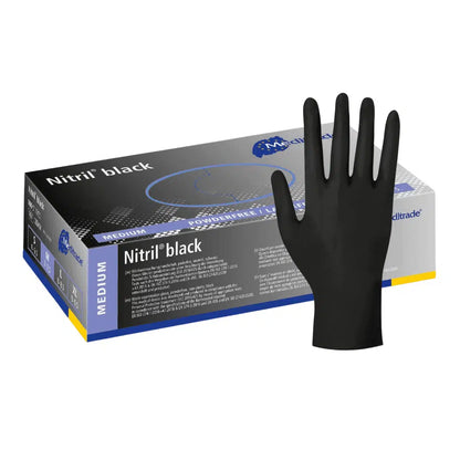 Une boîte de gants en nitrile Meditrade Nitril® de taille moyenne, noire, avec un gant debout à côté de la boîte. La boîte est clairement étiquetée avec les détails du produit.