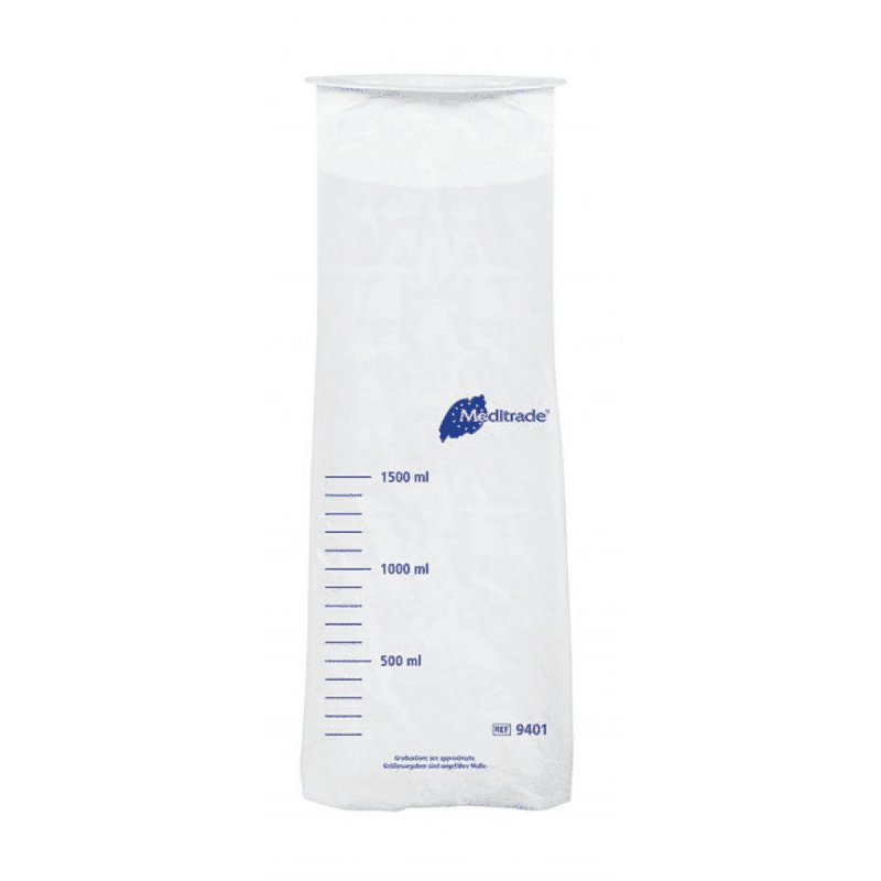 Un gobelet en plastique transparent gradué en polyéthylène avec des marques de mesure bleues et le logo bleu « Meditrade GmbH », indiquant des capacités de volume de 500 ml à 1500 ml.