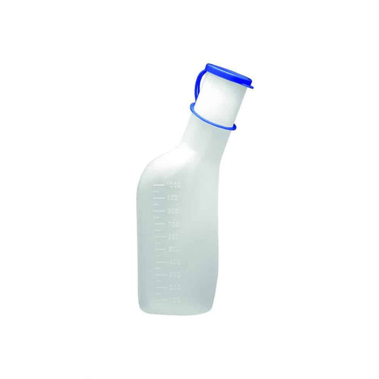 Le flacon à urine pour hommes de Meditrade GmbH est un flacon en plastique transparent muni d'un bouchon bleu et d'une poignée ergonomique. D'une contenance de 1 000 ml, il comporte des graduations sur un côté et est facile à utiliser. Le support pour flacon à urine est disponible séparément.