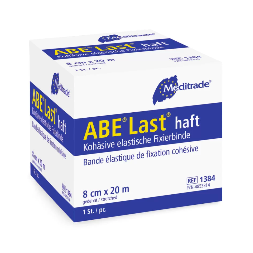 Une boîte de bande de fixation Meditrade ABE® Last® haft de Meditrade GmbH en taille 8 cm x 20 m. L'emballage est blanc et bleu avec du texte en allemand, y compris les détails du produit.