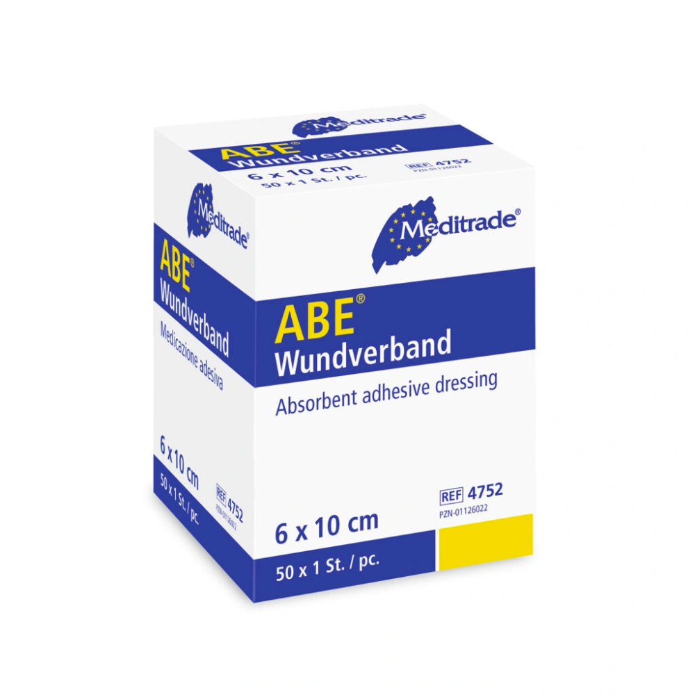 Une boîte de pansements adhésifs Meditrade ABE®, pansement absorbant et absorbant avec des dimensions de 6 x 10 cm, emballée à 50 pièces par boîte. L'emballage est principalement blanc avec du bleu.