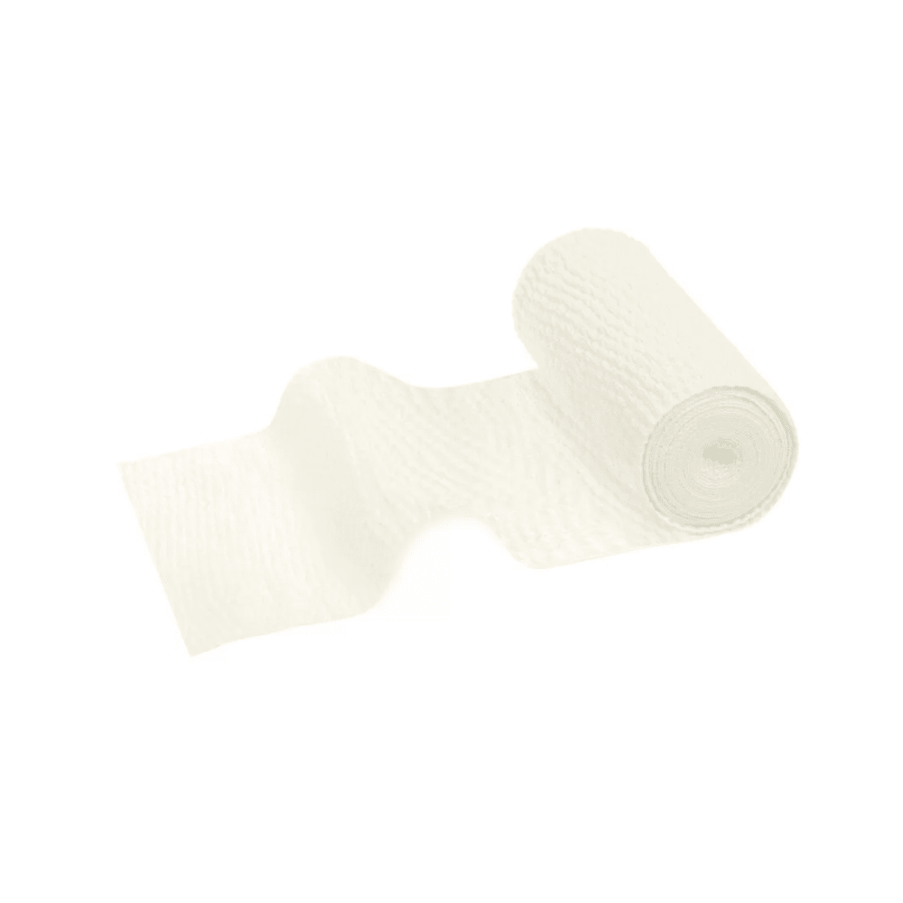 Un rouleau blanc texturé de bandage universel Meditrade ABE® Universal, 8 cm x 5 m | Paquet (10 pièces) de la société Meditrade GmbH est partiellement déroulé sur un fond blanc. La partie déroulée se bombe vers l'extérieur en formant des ondulations, ce qui témoigne de sa compression modérée.
