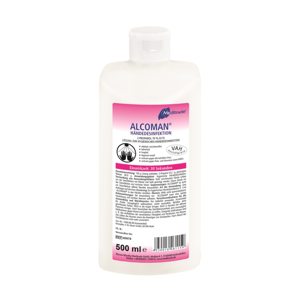 Une bouteille en plastique blanche de 500 ml de désinfectant pour les mains Meditrade Alcoman® de Meditrade GmbH avec une étiquette rose et blanche indiquant les informations sur le produit, le mode d'emploi, un volume de 500 ml et une action virucide contre le SARM.