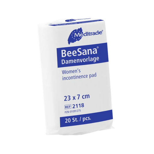 Article discontinué : Meditrade BeeSana® Serviette hygiénique pour femmes de Meditrade GmbH, paquet de 20 pièces (23 x 7 cm), serviettes hygiéniques avec texte en allemand/anglais sur fond blanc-bleu. REF 2118.