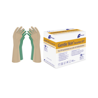 Une paire de gants Meditrade Gentle Skin® Securitex OP® verts se tient debout à côté de la boîte d'emballage avec l'inscription « Meditrade GmbH » en bleu et jaune et des détails sur le produit en plusieurs langues.