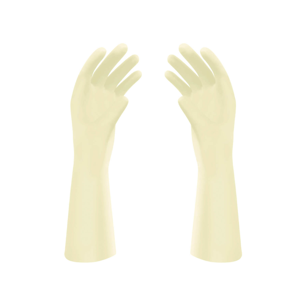 Une paire de gants chirurgicaux en latex Meditrade Gentle Skin® Superior OP™, qui s'étendent jusqu'à l'avant-bras, isolée sur fond blanc. Les gants sont légèrement poudrés et orientés paumes vers l'intérieur.