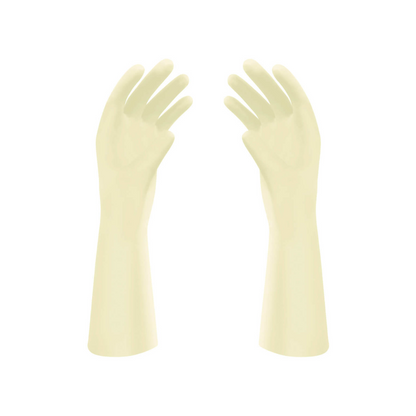Une paire de gants chirurgicaux en latex Meditrade Gentle Skin® Superior OP™, qui s'étendent jusqu'à l'avant-bras, isolée sur fond blanc. Les gants sont légèrement poudrés et orientés paumes vers l'intérieur.