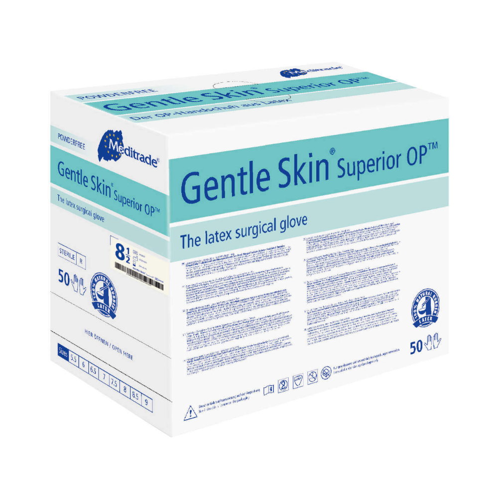 Une boîte de gants chirurgicaux en latex Meditrade Gentle Skin® Superior OP™, taille 8,5, contient 50 paires. L'emballage est principalement blanc et bleu avec des informations détaillées sur le produit. Ce gant chirurgical en latex est de la marque Meditrade GmbH.