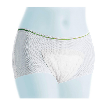 Une paire de boxers Meditrade Light blancs et respirants avec une ceinture élastique bordée de vert, présentée sur un mannequin avec un fond bleu discret.