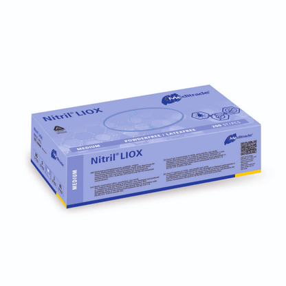 Un rendu 3D d'une boîte bleue de taille moyenne contenant des gants en nitrile sans poudre de type « Meditrade Nitril® LIOX gant d'examen » de la société Meditrade GmbH.