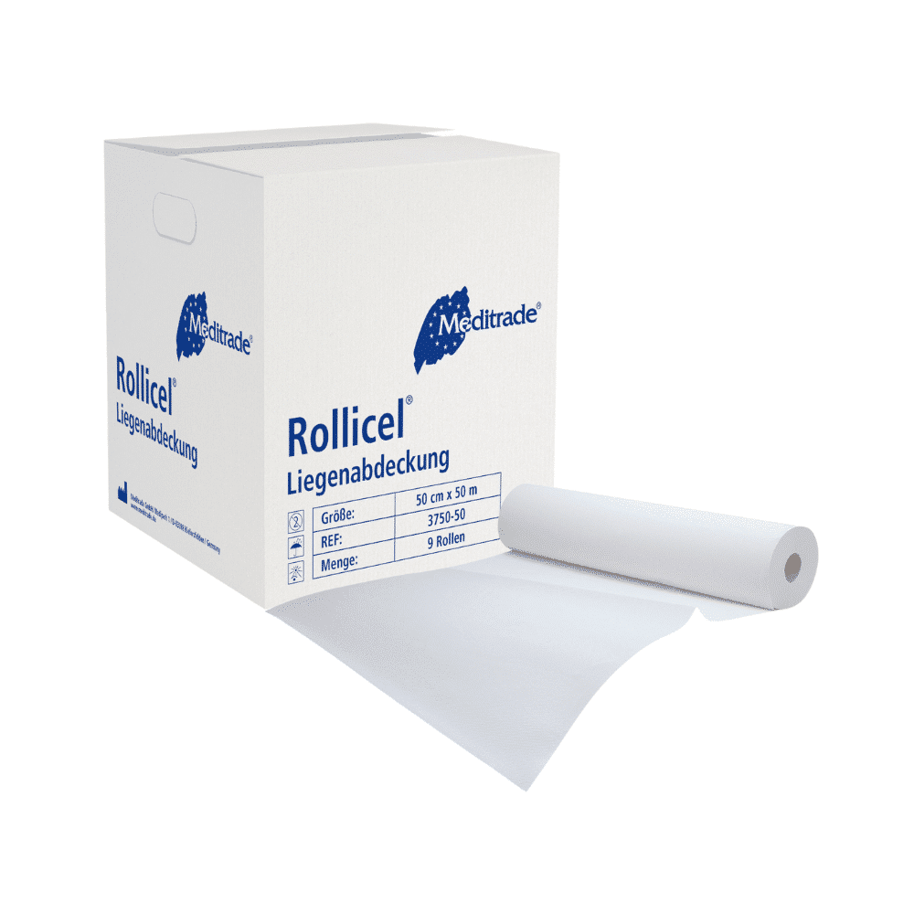 Une boîte blanche avec du papier médical Meditrade Rollicel® / rouleau, 39 - 59 cm x 50 m, 2 couches de la marque Meditrade GmbH, illustrée avec une feuille déroulée sortant de la boîte. Les détails de la boîte incluent la taille et la quantité du produit. Ce produit est également connu sous le nom de