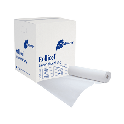 Une boîte blanche avec du papier médical Meditrade Rollicel® / rouleau, 39 - 59 cm x 50 m, 2 couches de la marque Meditrade GmbH, illustrée avec une feuille déroulée sortant de la boîte. Les détails de la boîte incluent la taille et la quantité du produit. Ce produit est également connu sous le nom de
