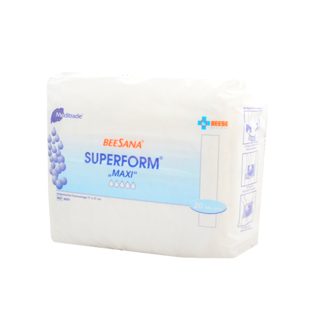 Un paquet de protections pour incontinence Meditrade Superform® Maxi (20 pièces) de Meditrade GmbH est illustré dans un emballage blanc avec du texte bleu et des graphiques de gouttes. Le mode d'emploi est imprimé sur le côté.