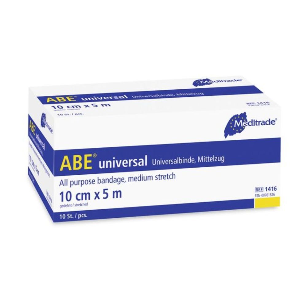 La bande universelle élastique permanente Meditrade ABE® non stérile 10 cm x 5 m de Meditrade GmbH est emballée dans une boîte blanche avec des inscriptions bleues. Elle offre une élasticité moyenne pour un usage médical et porte le logo Meditrade dans le coin supérieur droit. L'emballage contient 10 pièces.