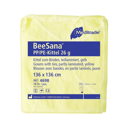 Un paquet de blouses Meditrade BeeSana® PP/PE XL, 26 g de Meditrade GmbH, taille 136 x 136 cm, contient 10 blouses de protection jaunes imperméables avec lien. Les informations sur le fabricant et le produit sont indiquées sur l'emballage.